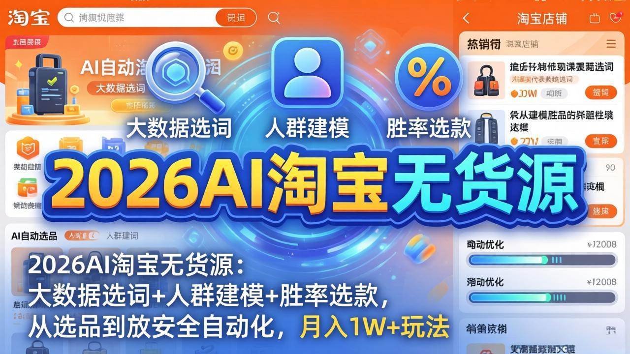 （18110期）2026AI淘宝无货源-4月19更新：大数据选词+人群建模+胜率选款，从选品到放大全自动化，月入1W+-搞钱情报局