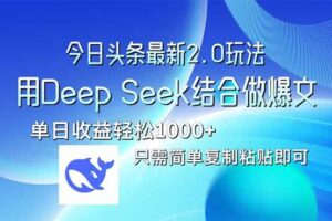 (14117期)今日头条最新2.0版本,用Deep Seek结合今日头条做爆文,单日收益轻松10…