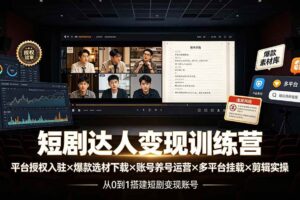 (19551期)短剧达人变现训练营:平台授权入驻×爆款选材下载×账号养号运营×多平台挂载×剪辑实操×违规处理全流程