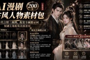 (19693期)AI漫剧古风人物素材包+提示词|200 套古代言情三视图,配套专属提示词短剧主角配角直接套用